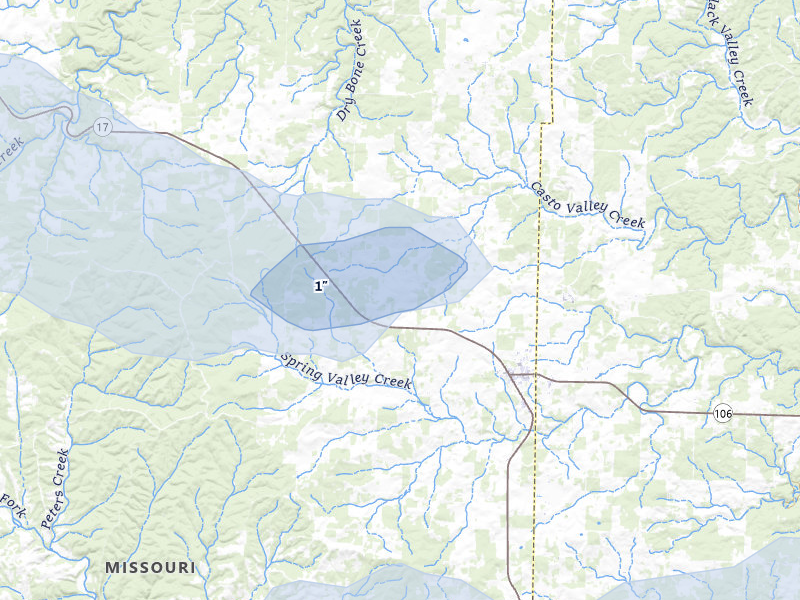 NEXRAD radar-signature map of the hail storm over Summersville, MO on Apr 28, 2026