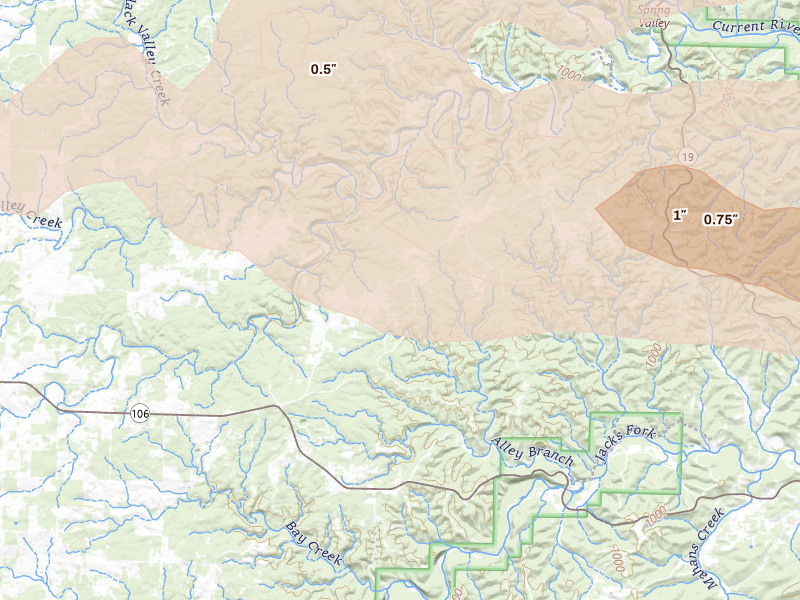 Radar-estimated hail-size map of the storm over Summersville, MO on Aug 19, 2026