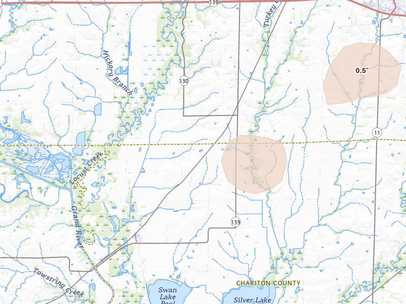Radar-estimated hail-size map of the storm over Sumner, MO on Apr 17, 2026