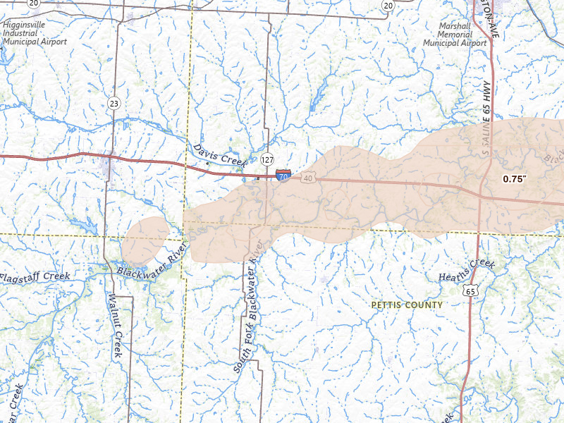 Radar-estimated hail-size map of the storm over Sweet Springs, MO on Apr 27, 2026