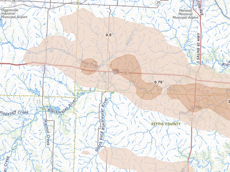 Radar-estimated hail-size map of the storm over Sweet Springs, MO on Jun 17, 2026