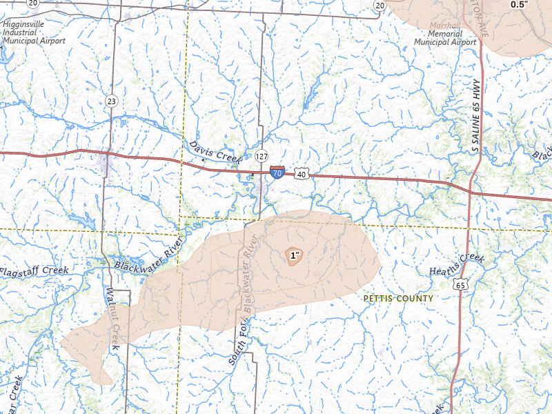 Radar-estimated hail-size map of the storm over Sweet Springs, MO on Jul 10, 2026
