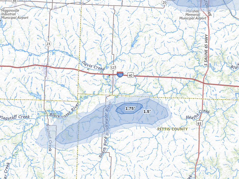 NEXRAD radar-signature map of the hail storm over Sweet Springs, MO on Jul 10, 2026