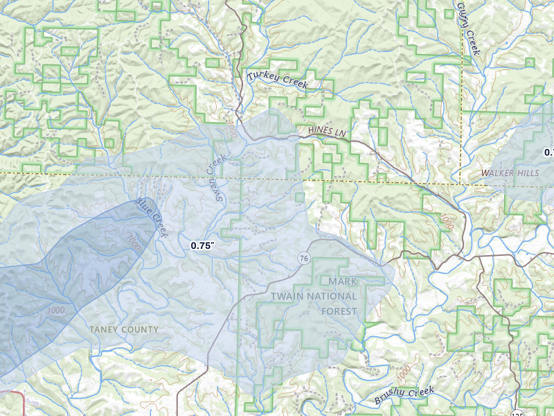 NEXRAD radar-signature map of the hail storm over Taneyville, MO on Mar 4, 2026
