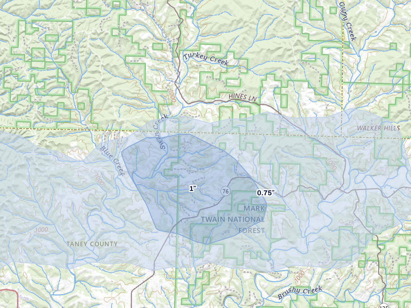 NEXRAD radar-signature map of the hail storm over Taneyville, MO on Apr 28, 2026