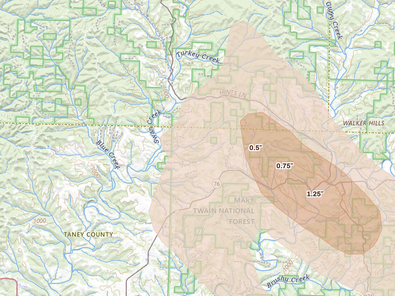 Radar-estimated hail-size map of the storm over Taneyville, MO on Jun 1, 2026