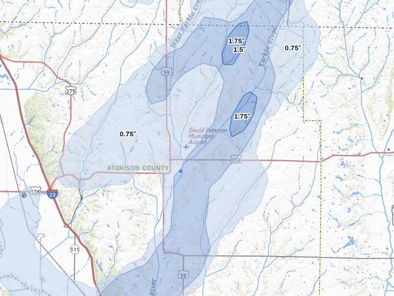 NEXRAD radar-signature map of the hail storm over Tarkio, MO on Mar 5, 2026