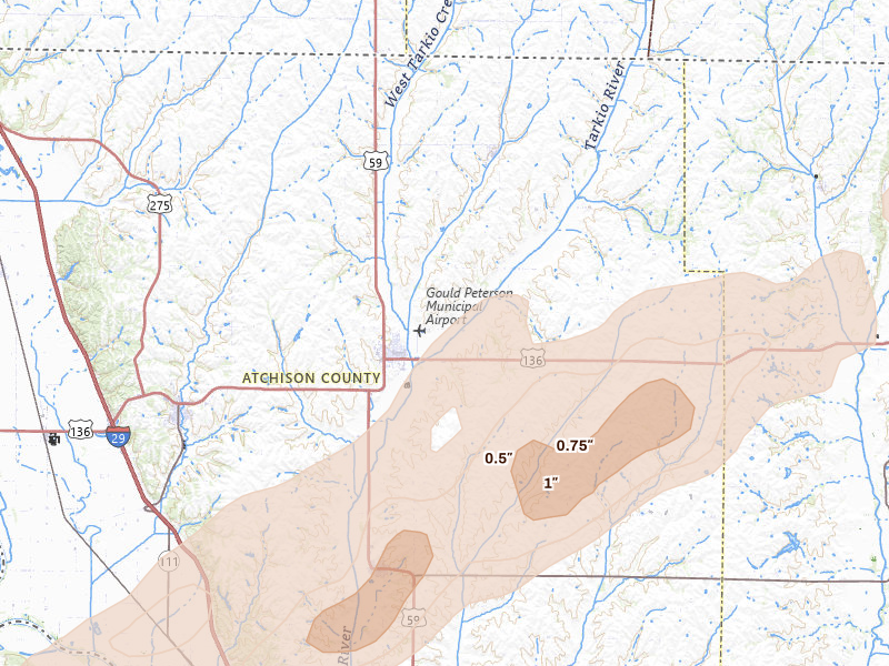 Radar-estimated hail-size map of the storm over Tarkio, MO on Apr 3, 2026