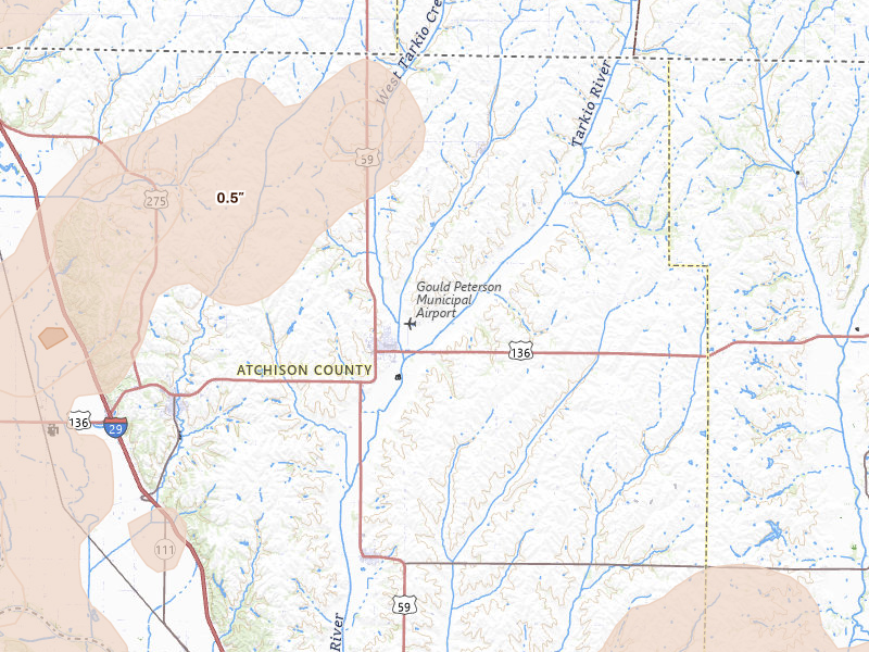 Radar-estimated hail-size map of the storm over Tarkio, MO on Apr 23, 2026