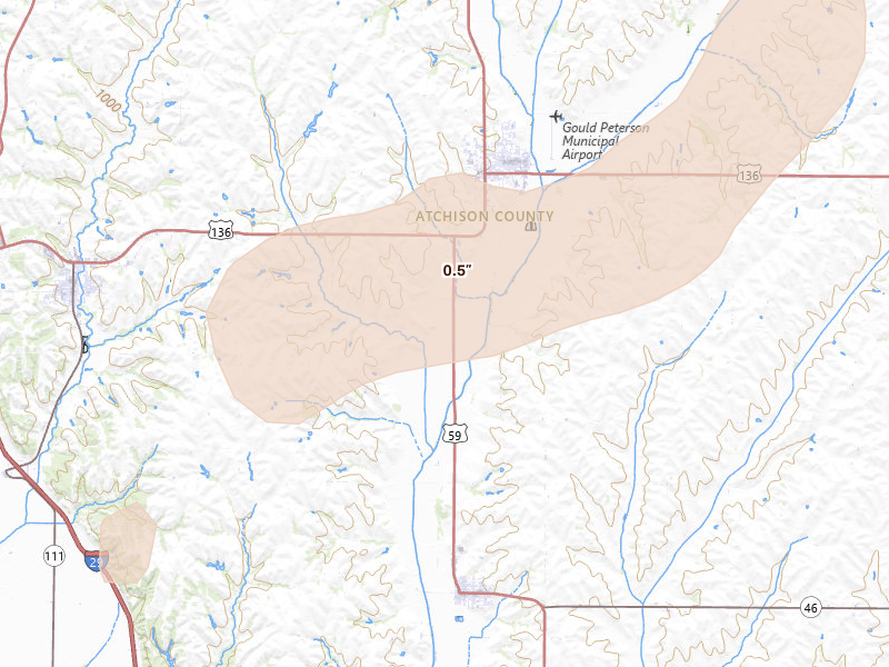 Radar-estimated hail-size map of the storm over Tarkio, MO on Apr 26, 2026