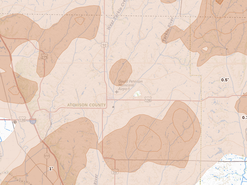Radar-estimated hail-size map of the storm over Tarkio, MO on May 18, 2026