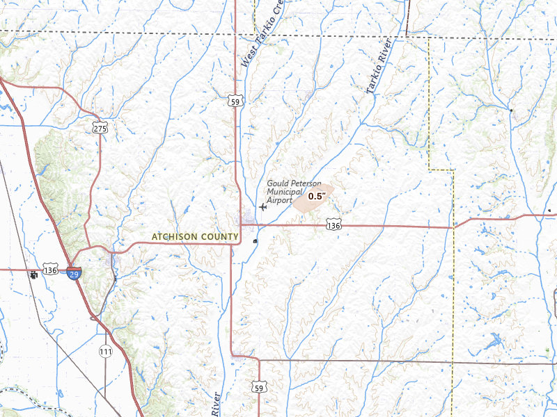 Radar-estimated hail-size map of the storm over Tarkio, MO on Jun 30, 2026