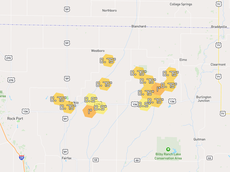 Hail map of Tarkio, MO on Jul 4, 2026, hail up to 1"