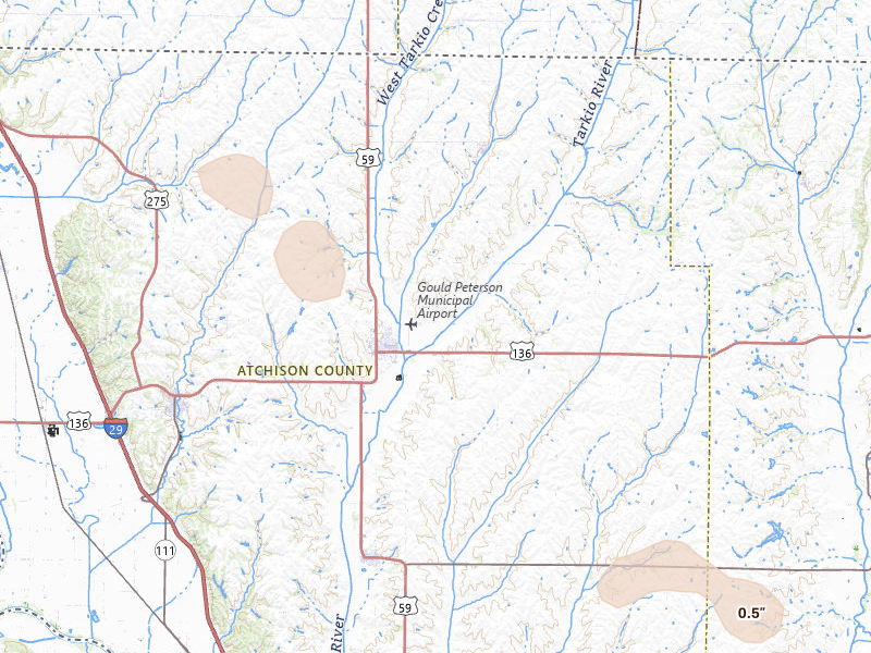 Radar-estimated hail-size map of the storm over Tarkio, MO on Jul 8, 2026