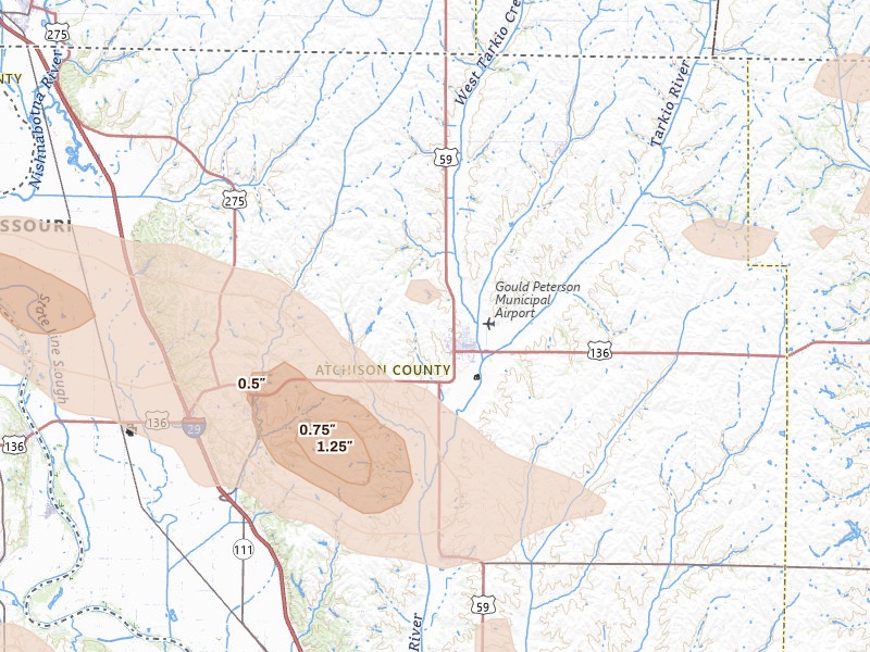 Radar-estimated hail-size map of the storm over Tarkio, MO on Aug 9, 2026
