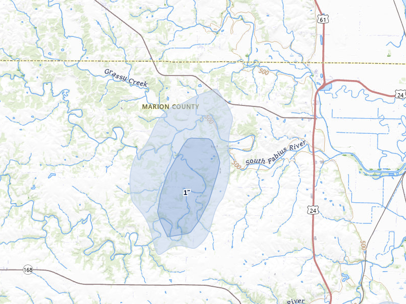 NEXRAD radar-signature map of the hail storm over Taylor, MO on Apr 17, 2026