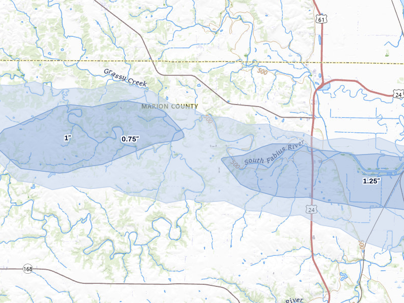 NEXRAD radar-signature map of the hail storm over Taylor, MO on May 4, 2026