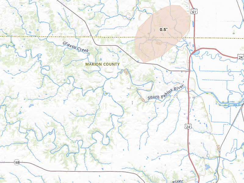 Radar-estimated hail-size map of the storm over Taylor, MO on May 23, 2026