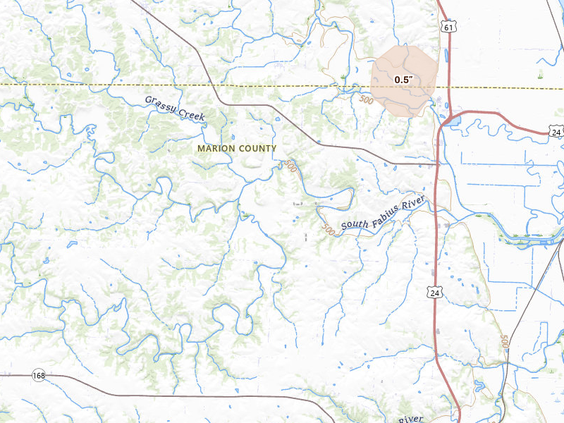 Radar-estimated hail-size map of the storm over Taylor, MO on Jul 5, 2026