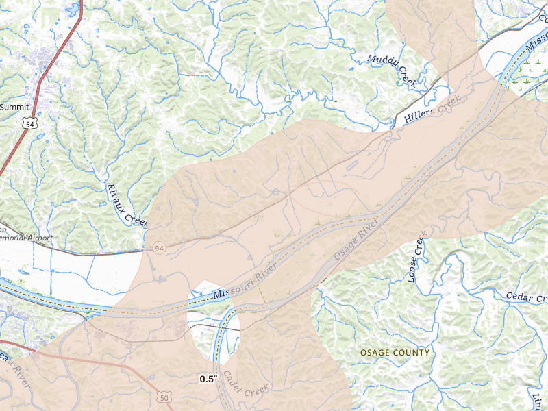Radar-estimated hail-size map of the storm over Tebbetts, MO on May 31, 2026