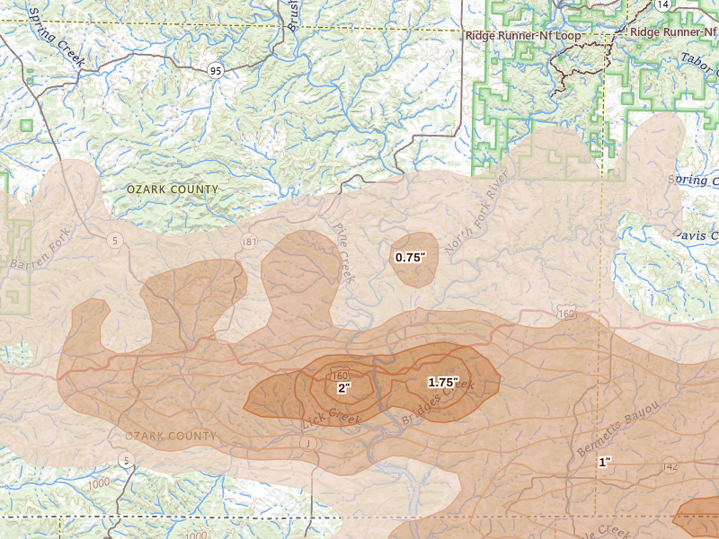 Radar-estimated hail-size map of the storm over Tecumseh, MO on Apr 27, 2026