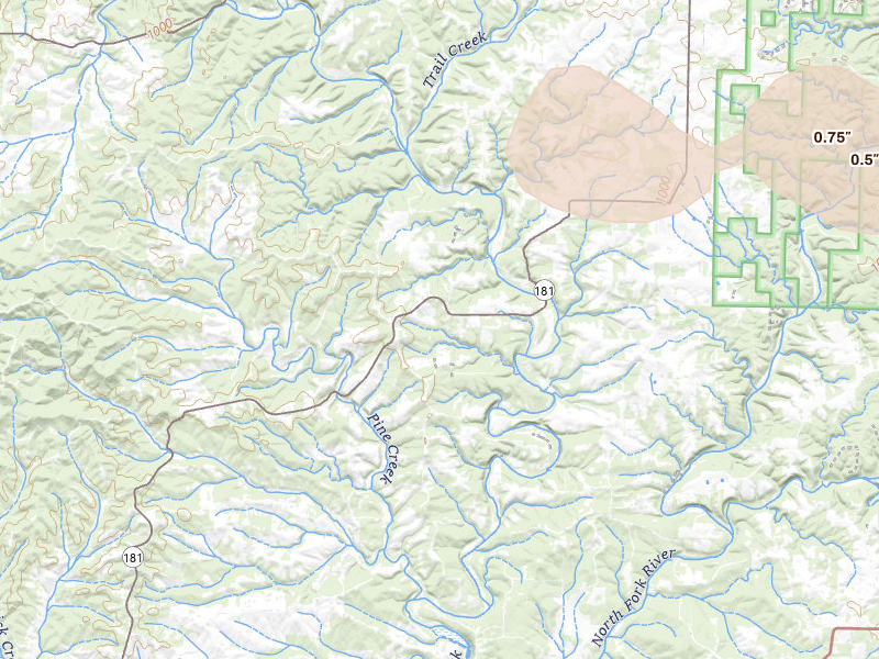 Radar-estimated hail-size map of the storm over Tecumseh, MO on Jul 31, 2026
