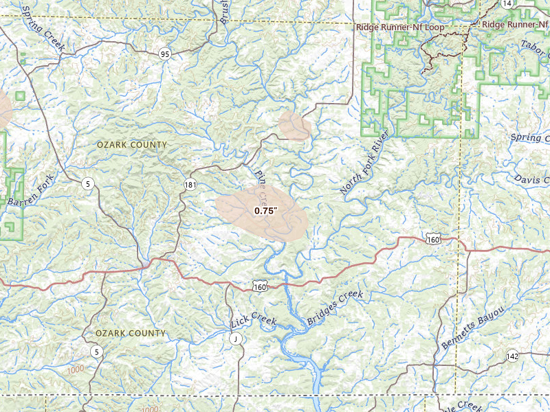 Radar-estimated hail-size map of the storm over Tecumseh, MO on Aug 12, 2026