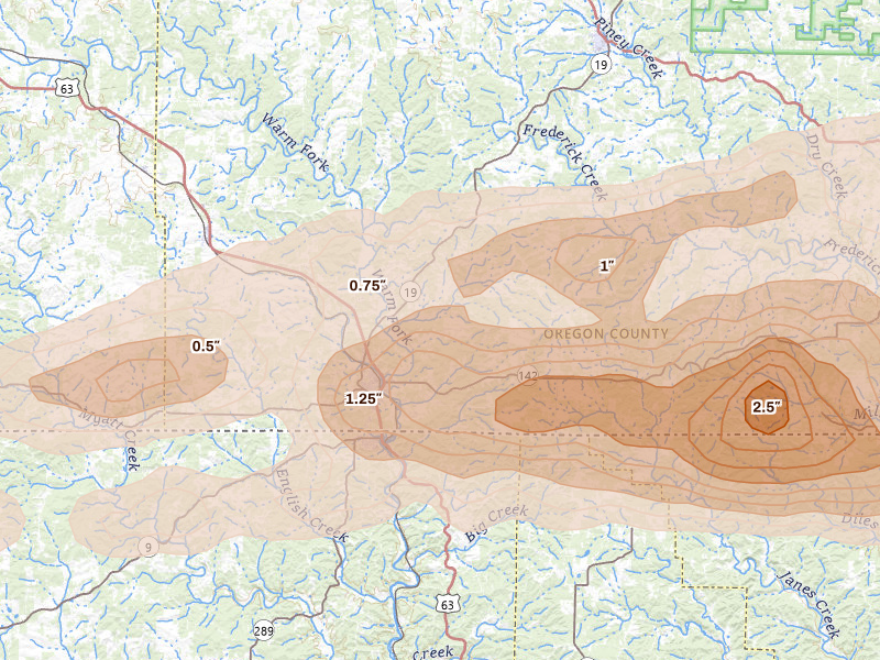 Radar-estimated hail-size map of the storm over Thayer, MO on Apr 16, 2026