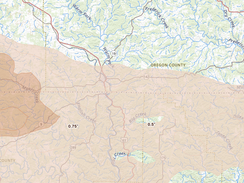Radar-estimated hail-size map of the storm over Thayer, MO on Apr 27, 2026