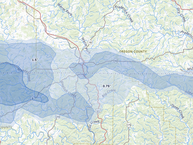NEXRAD radar-signature map of the hail over Thayer, MO