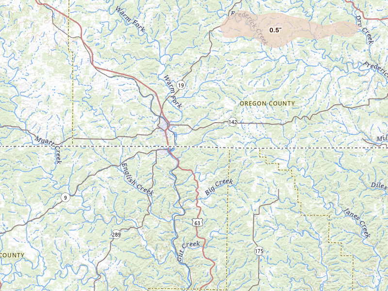 Radar-estimated hail-size map of the storm over Thayer, MO on Jun 11, 2026