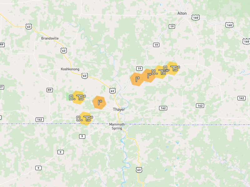 Hail map of Thayer, MO on Jul 11, 2026, hail up to 1"