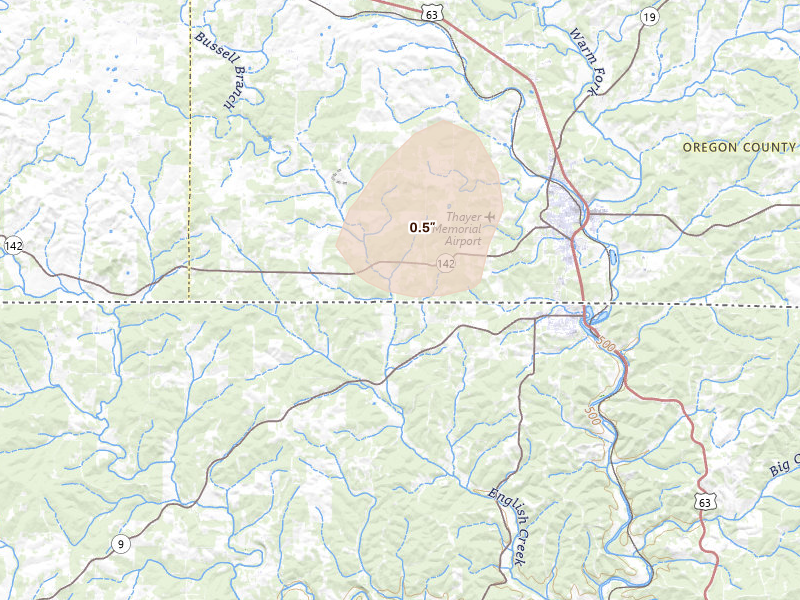 Radar-estimated hail-size map of the storm over Thayer, MO on Aug 12, 2026
