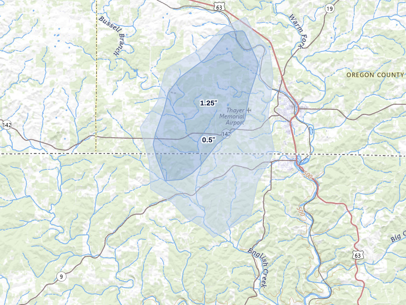 NEXRAD radar-signature map of the hail storm over Thayer, MO on Aug 12, 2026