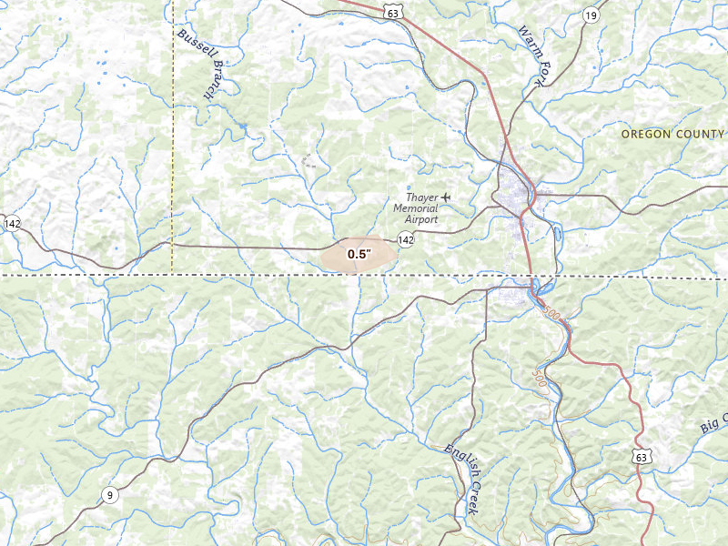 Radar-estimated hail-size map of the storm over Thayer, MO on Aug 19, 2026