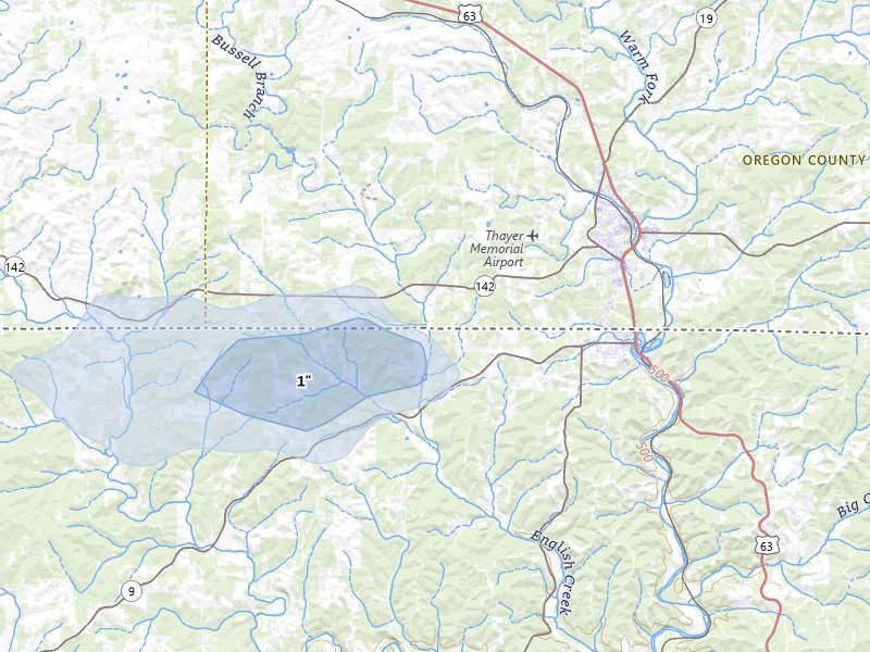 NEXRAD radar-signature map of the hail storm over Thayer, MO on Aug 19, 2026