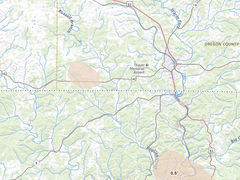 Radar-estimated hail-size map of the storm over Thayer, MO on Aug 22, 2026