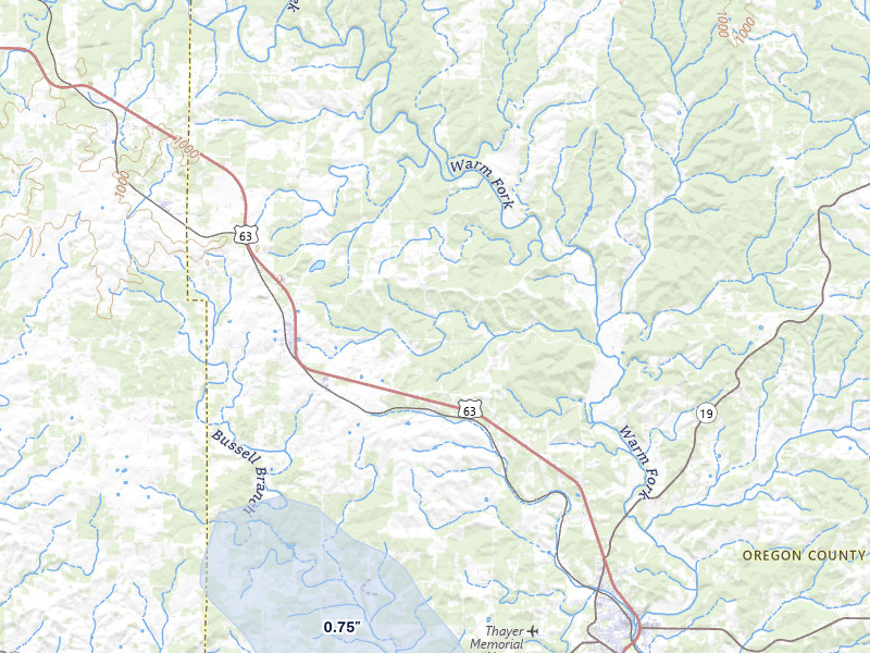 NEXRAD radar-signature map of the hail storm over Thayer, MO on Aug 22, 2026