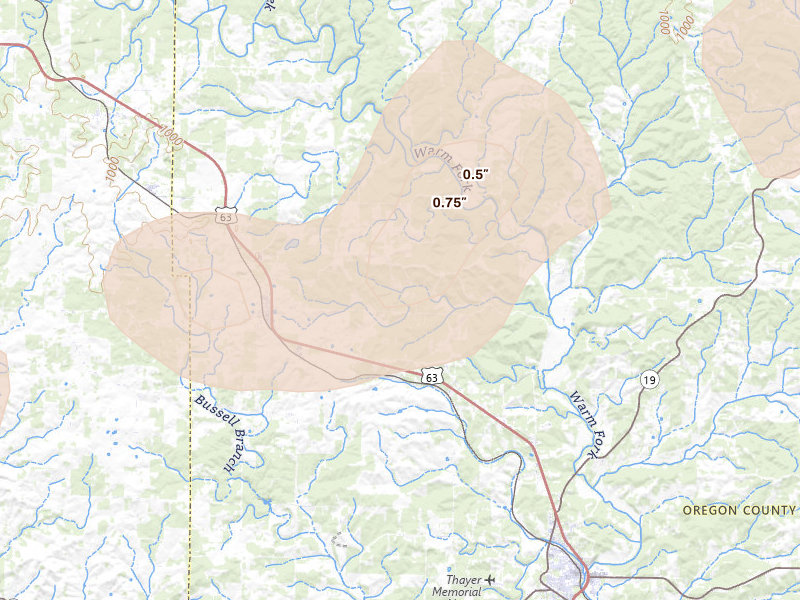 Radar-estimated hail-size map of the storm over Thayer, MO on Aug 26, 2026