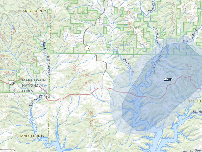 NEXRAD radar-signature map of the hail over Theodosia, MO