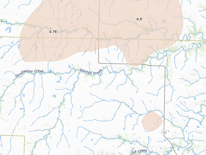 Radar-estimated hail-size map of the storm over Thompson, MO on May 31, 2026