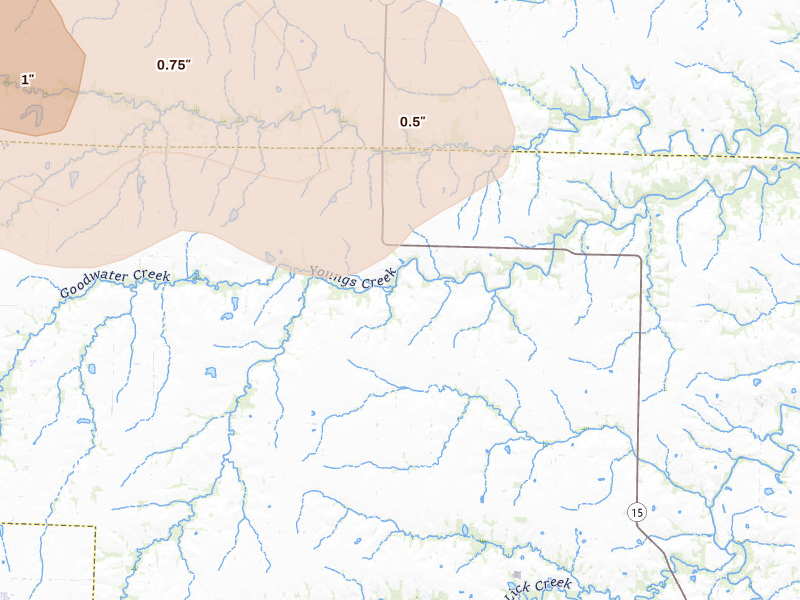 Radar-estimated hail-size map of the storm over Thompson, MO on Jun 17, 2026
