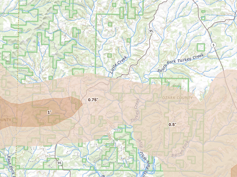 Radar-estimated hail-size map of the storm over Thornfield, MO on Apr 27, 2026