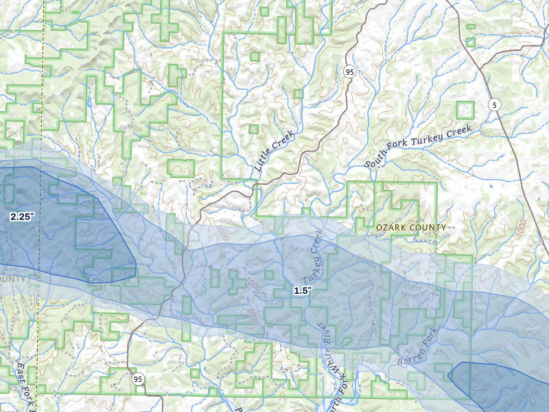 NEXRAD radar-signature map of the hail over Thornfield, MO