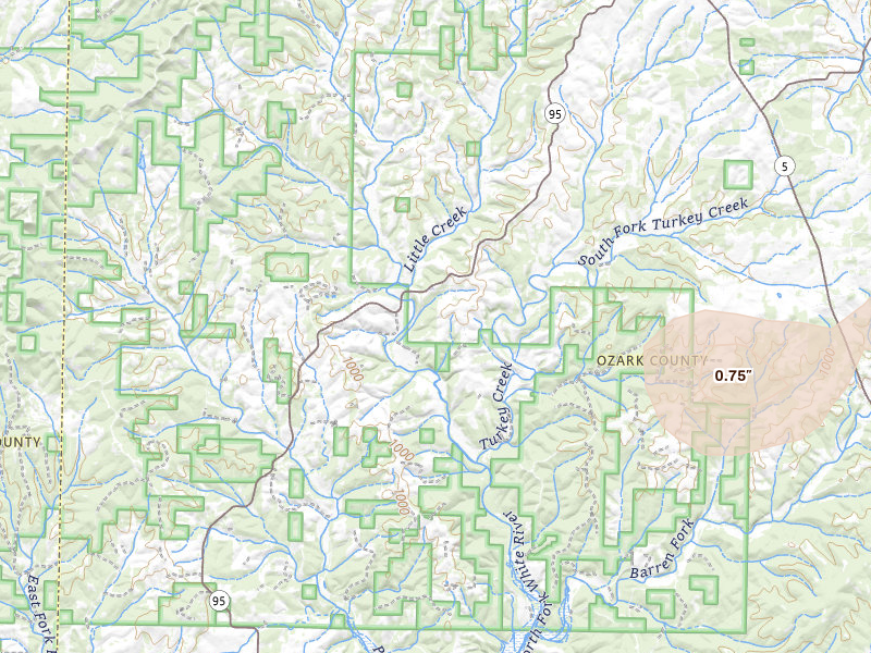 Radar-estimated hail-size map of the storm over Thornfield, MO on Jul 10, 2026
