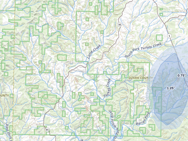 NEXRAD radar-signature map of the hail storm over Thornfield, MO on Jul 10, 2026