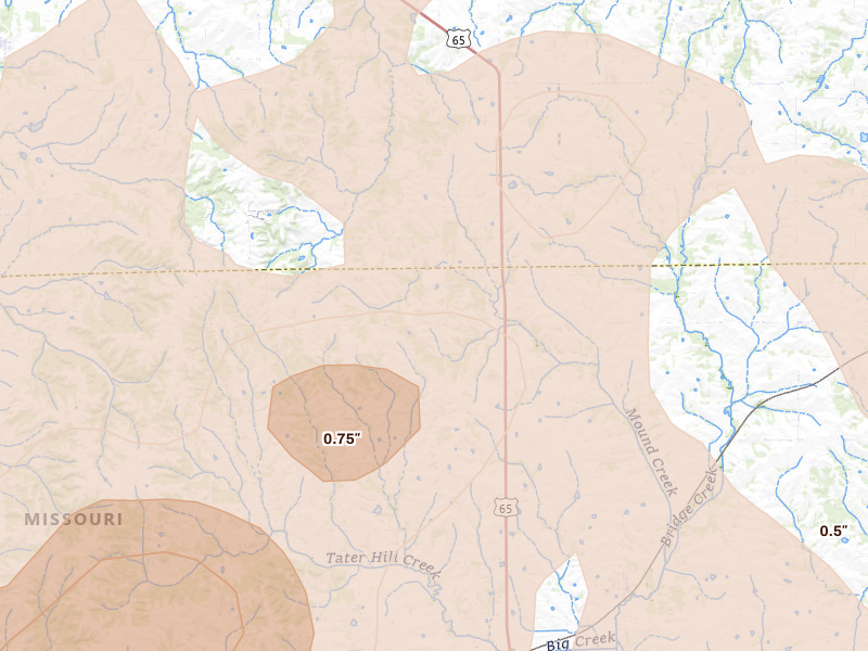 Radar-estimated hail-size map of the storm over Tina, MO on Apr 26, 2026