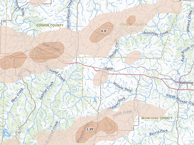 Radar-estimated hail-size map of the storm over Tipton, MO on Apr 27, 2026