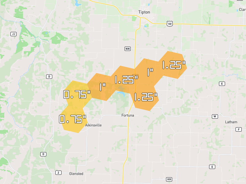 Hail map of Tipton, MO on Jul 11, 2026, hail up to 1.25"