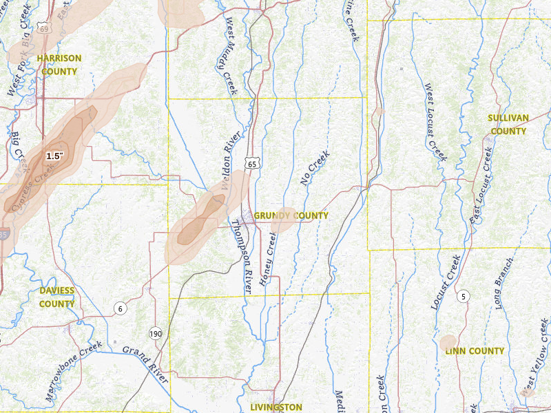 Radar-estimated hail-size map of the storm over Trenton, MO on Apr 15, 2026